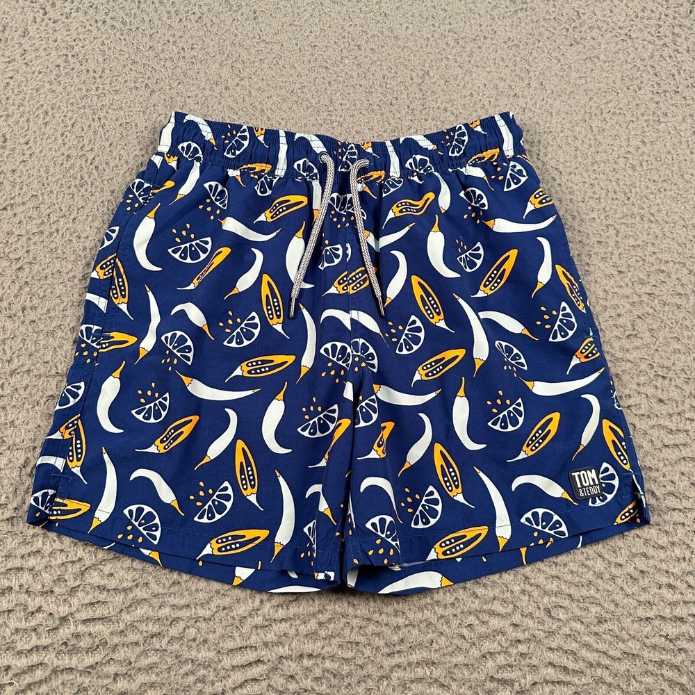 Tom & Teddy Swim Shorts Trunk Blue Limes Chilli All Over Print Men's Small